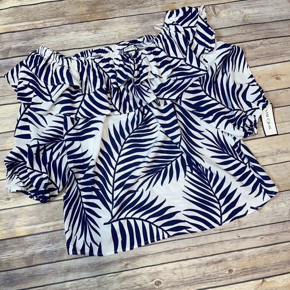 Sam & Jess Women's Fern-Print Ruffled Off-The-Shoulder Top Navy/White L - Picture 3 of 5